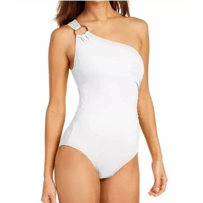 MICHAEL by Michael Kors One Shoulder Ruched Swimsuit White Gold Sz 6 - Image 1 of 4
