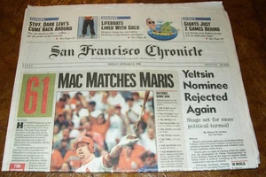 Mark McGuire 61 & 62 Home Run Record San Francisco Chronicle 8./9. September 1998 - Bild 1 von 2