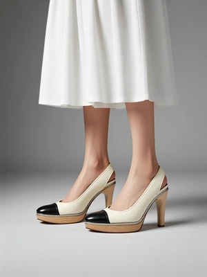 Bombas femininas Lanvin de salto de madeira couro envernizado dois tons EUA 5 UE 36 - Imagem 1 de 4