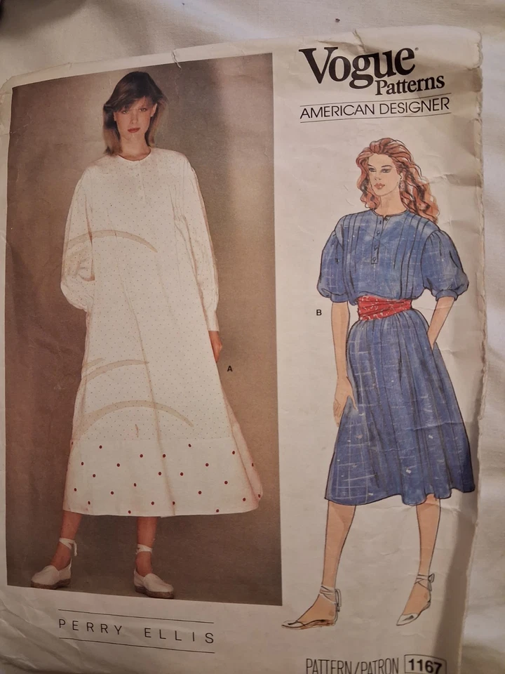 UNCUT Perry Ellis Vogue Pattern 1267 Vintage  1980s Prairie style dress Designer - Image 1 of 3