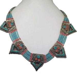 Collar vintage tibetano nepalí turquesa, coral  - Imagen 1 de 7