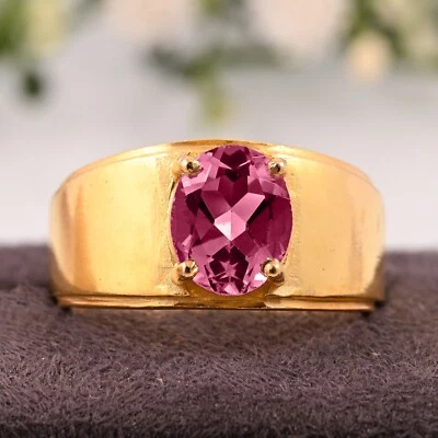 14K Yellow Gold Men's Ring, Natural Pink Tourmaline Oval Faceted Gemstone Ring. - Image 1 of 3