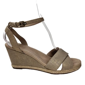 UGG Nyssa Jute And Linen Canvas Wedge Sandal 9.5 Taupe Gold Shimmer Ankle Strap - Picture 1 of 10