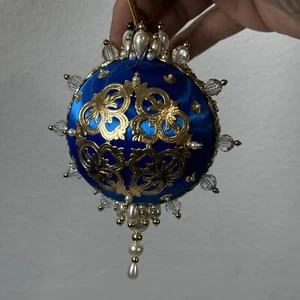 Vintage Handmade Beaded & Sequin Push Pin Christmas Ornament 82 pieces Blue Gold - Picture 1 of 24