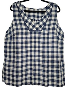 Talbots Plus 1X Top Sin Mangas Preppy Guinga Elegante Pompón Azul Marino/Blanco 100% Lino - Imagen 1 de 5