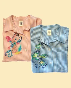 2-Pc ☆Ocean Theme☆ Embroidered Button Down Shirts M Coral/Blue Sea Turtle Horse - Picture 1 of 22