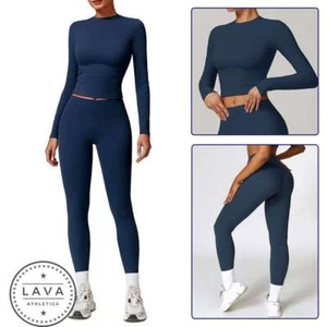 Women's Workout Set Long Sleeve Tops, High Waist Yoga Pants Gym Legging Outfit - Picture 1 of 16