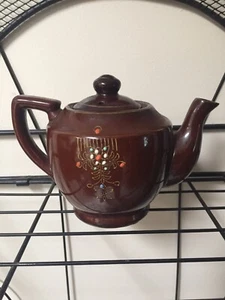 Vintage Tea Pot Hand Painted Ceramic Brown Glazed Gold Trim JAPAN 3D dots - Picture 1 of 6