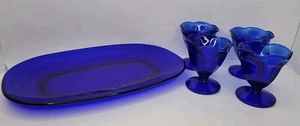 Vintage Cobalt Blue Glass Set Of 4 Sundae Glasses & 14" Serving Tray/Platter  - Picture 1 of 16
