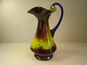 VTG Czech Multi Colored Hand Blown Cased Spatter Glass With Blue Handle Ewer - Picture 1 of 6