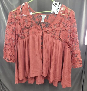 Catherines Cardigan Womens Size 4X 30/32W Open Front Tied Lacy Gauze Rusty - Picture 1 of 6