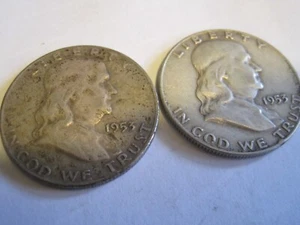 1953-D Benjamin Franklin Half Dollar 90% Silver LOT OF 2 COINS - Picture 1 of 2