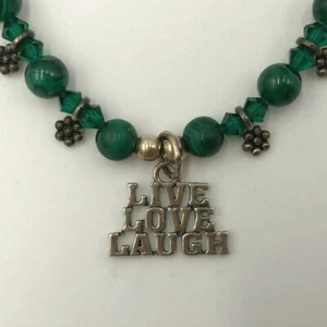925 Sterling Silver Green Malachite Quartz LIVE LOVE LAUGH Beaded Necklace 17" L - Picture 1 of 8