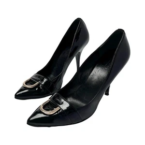 Gucci Heels Courts 37.5 4.5 Black Patent Leather Gold D Ring Buckle Logo Vintage - Picture 1 of 11