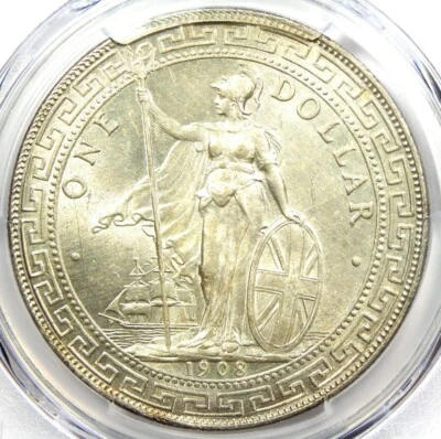 1908 年 B 版英国贸易美元 T 美元 1 美元。 认证 PCGS 未流通细节 UNC MS — 第 1/4 张图片