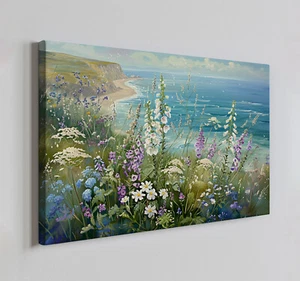 Colourful Wildflowers Field On The Cliff Vintage Painting Canvas Print Wall Art - Picture 1 of 9