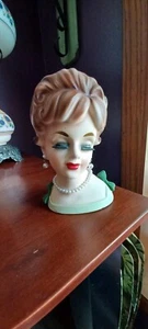 ENESCO lady head vase 6 In. Tall green bows brown hair NICE!!! - Picture 1 of 12