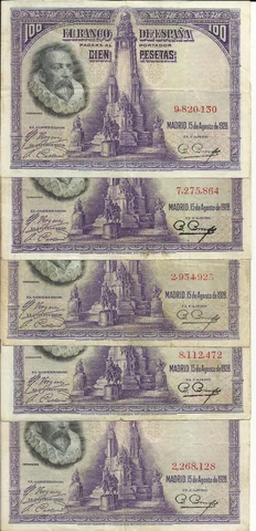 SPAIN LOT 5X100 PESETAS 1928 P-76a. VF CONDITION Cover