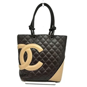 Chanel Cambon Line Tote Bag Leather Nylon Dark Brown Beige Ab Used Rkomichi - Picture 1 of 6