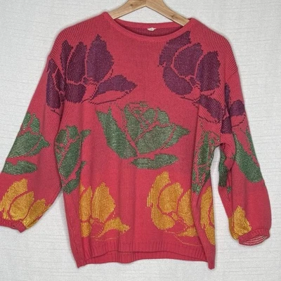 Suéter artístico vintage anos 80 floral rosa feito na Itália feminino tamanho grande G - Imagem 1 de 4