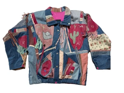 Vtg SFR Santa Fe Re-Creations Western Patchwork Fringe Jacket Denim Cowgirl M - Image 1 of 4
