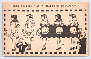 c1938 Flapper Donna Cappelli Risqué Cartolina Umorismo, Film Striscia Bavaglio 3 Maiali Culo Nudo - Foto 1 di 4