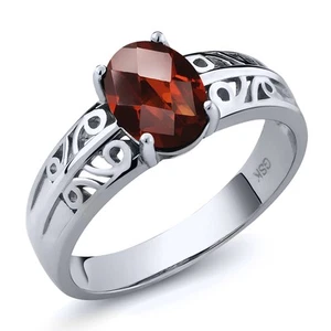1.53 Ct Oval Checkerboard Red Garnet 925 Sterling Silver Ring - Picture 1 of 4