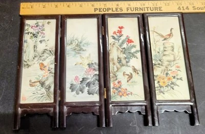 Vintage Chinese Porcelain 4 Panel Table Screen Hand Painted Double Sided SIGNED - Image 1 of 4