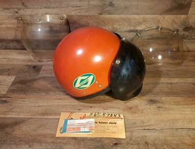 Vintage 1970's Motorcycle Helmet Orange w/ 3 Face Shields German Moto Style. - Image 1 of 4