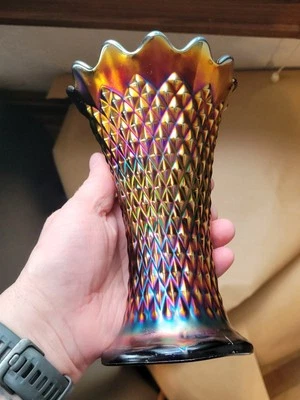 Scarce & Pretty Northwood Blue Carnival Glass Diamond Point 7 3/8" Vase - Image 1 of 4