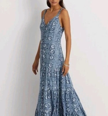 Lauren Ralph Lauren Dress Womens 4 Blue Linen Maxi Sleeveless Boho Side Zip - Image 1 of 4