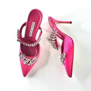 NEU Manolo Blahnik Lurum Fuchsia Kristalle verzierte Pantoletten Pumps 37,5 - Bild 1 von 11