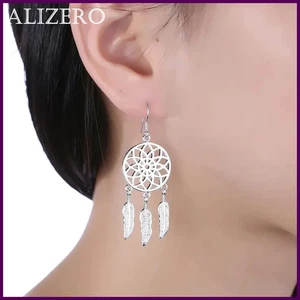 Pendientes finos lindos de plumas de atrapasueños de plata de ley 925 para mujer - Imagen 1 de 23