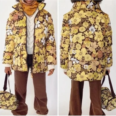 Zara Floral Oversized 2-in-1 Puffer Jacket Coat Sz XL Water Repellant 70s Yellow - Image 1 of 4