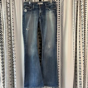 BKE  Women’s Starlite Denim Jeans 27x33.5 Flare Stretch Distressed Embroidered - Picture 1 of 13