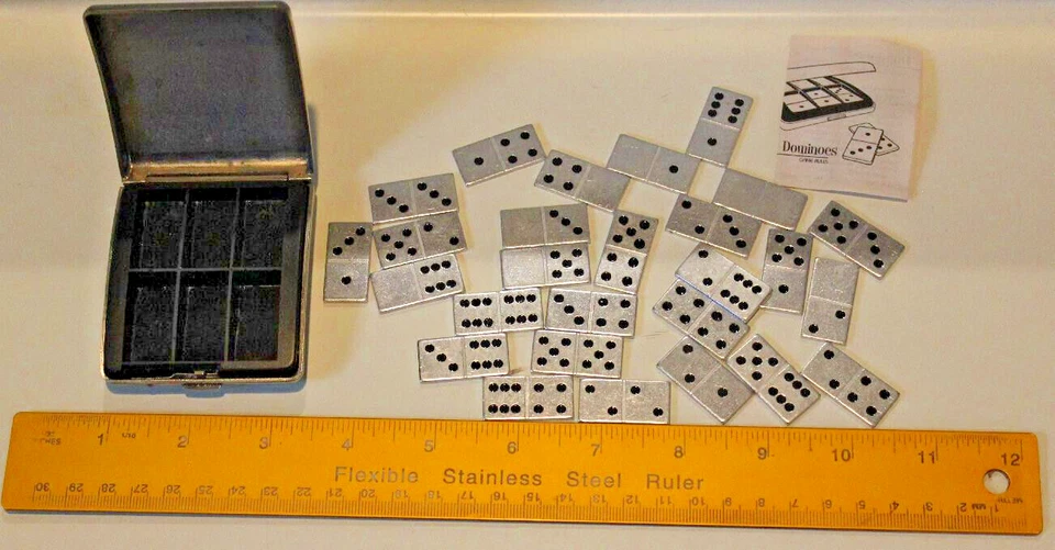 Small Travel 28 Piece Dominoes Set Pocket in Leather Bound Book Antique