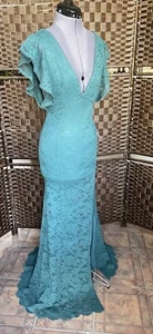 NWT! S TOBI Teal Lace Gown Dress Flutter Sleeve Hi Slit Maxi Long Length V Neck - Picture 1 of 17