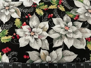 Tina Scrap 9"x21' Christmas Flower Holly Berry Silver Poinsettia Fabric Cotton - Picture 1 of 1