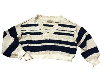 Urban Outfitters Notched V-Neck Knit Sweater Women Small Navy Ivory Striped - Image 1 of 4