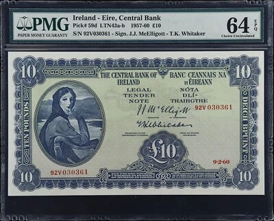Ireland - Eire Central Bank 10 Pounds 1960 Lady Lavery Pick 59d PMG 64 EPQ - Image 1 of 2