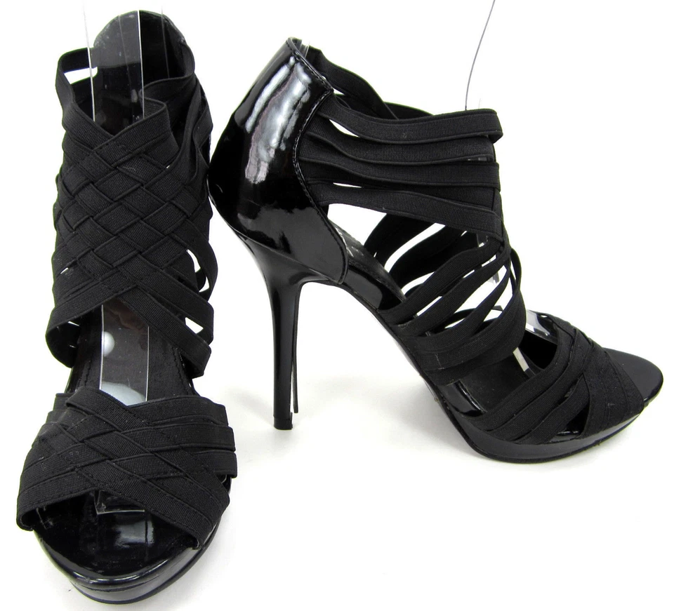 Zapatos Shiekh charol punta abierta correas de nailon tacones de aguja de 5" negros talla 8 Foto 1 de 4