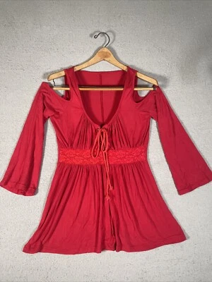 Talla Med Cabrichoso Gótico Rojo Años 90 Fuera del Hombro Manga Campana Encaje Corsé Campesino Top Foto 1 de 4