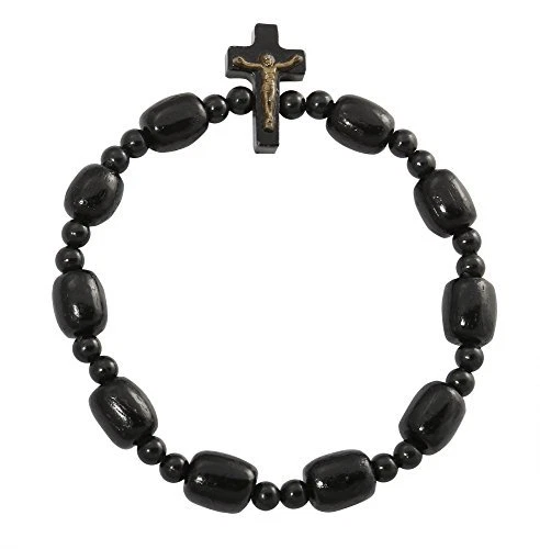 Pulsera elástica religiosa católica con cuentas de madera negra, hecha en Brasil Foto 1 de 1