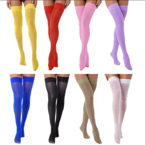 UK Womens Thigh High Stockings Elastic Glossy Semi Sheer Hold Up Pantyhose Socks - Picture 1 of 81