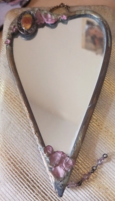 Rare & Unique 6 X 3 1/4   Hanging  Antique  Metal Heart Shape Mirror W/florals! • 40.01$