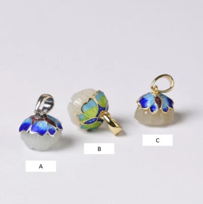 I05 Cloisonne Rimorchio Fiori di Loto Giada Stile C Argento Sterling 925 - Immagine 1 di 2