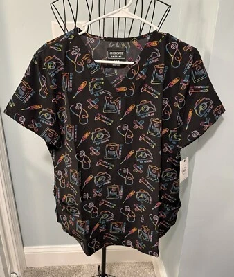 New Cherokee Caring Essentials Nursing Nurse scrub top Black Neon Medium M women - Image 1 of 4