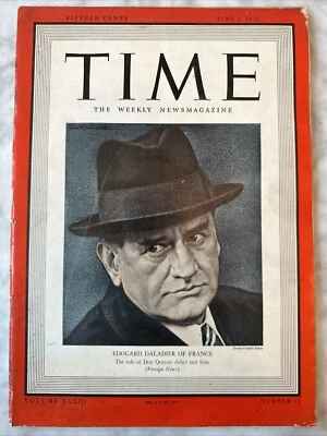 Time Magazine Edouard Daladier Vol XXXIII No 23 June 5 1939 - Flat/Tight Binding - Image 1 of 2