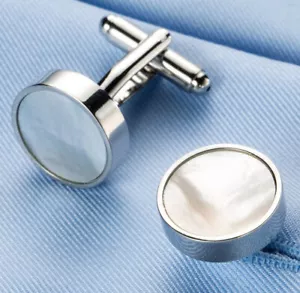 Silver Plated Cufflinks Gold White Mother of Pearl MOP Father Wedding Bridal - Picture 1 of 7