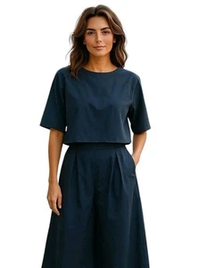 Zanzea Top And Pants Set Size Womans Large Navy Blue Ultra Wide Leg Stretch NWT - Picture 1 of 12